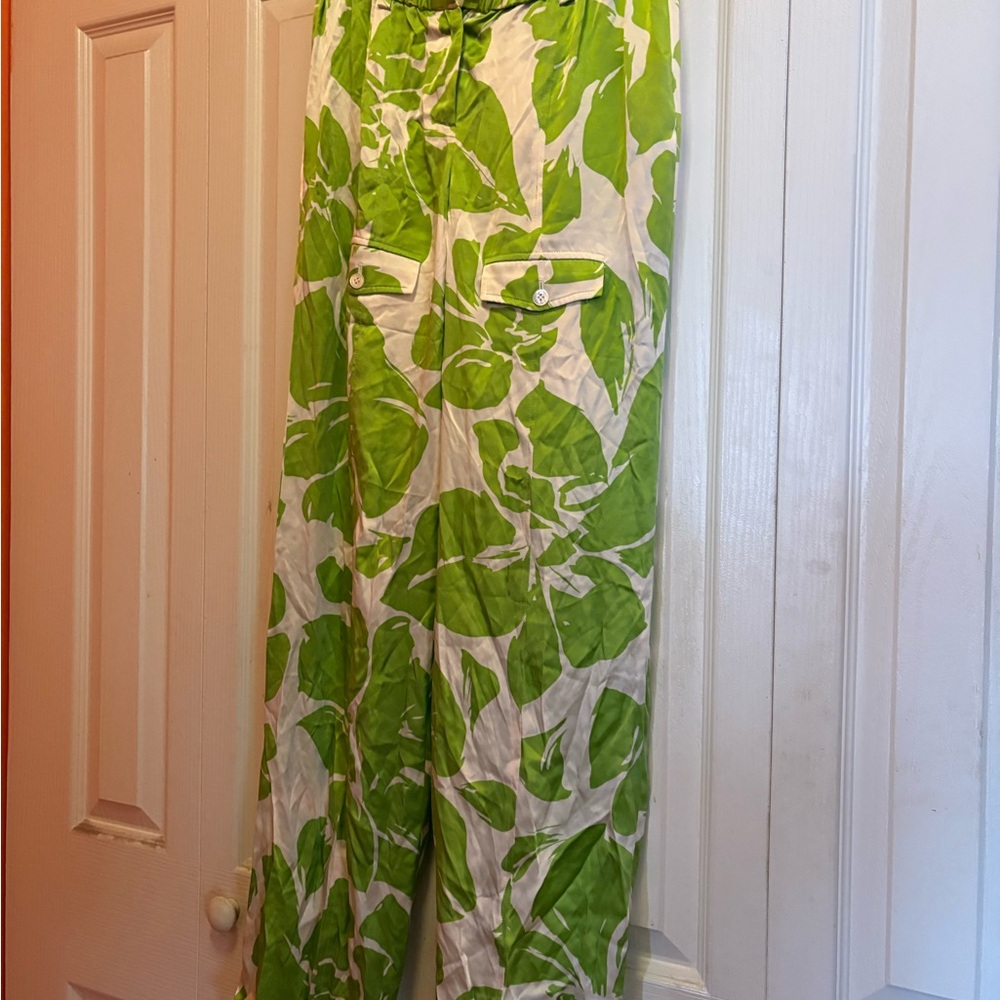 Green Leaf Print Women's cargo silk drawstring bottom pants